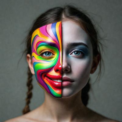 The primary subject of the image is a woman with a face painted in two different colors, one being a rainbow pattern and the other being a colorful design. The setting is a close-up of her face, and the visual style appears to be a combination of a photo and digital art. The colors and mood of the image are vibrant and lively, with the woman's face being the main focus of the scene.